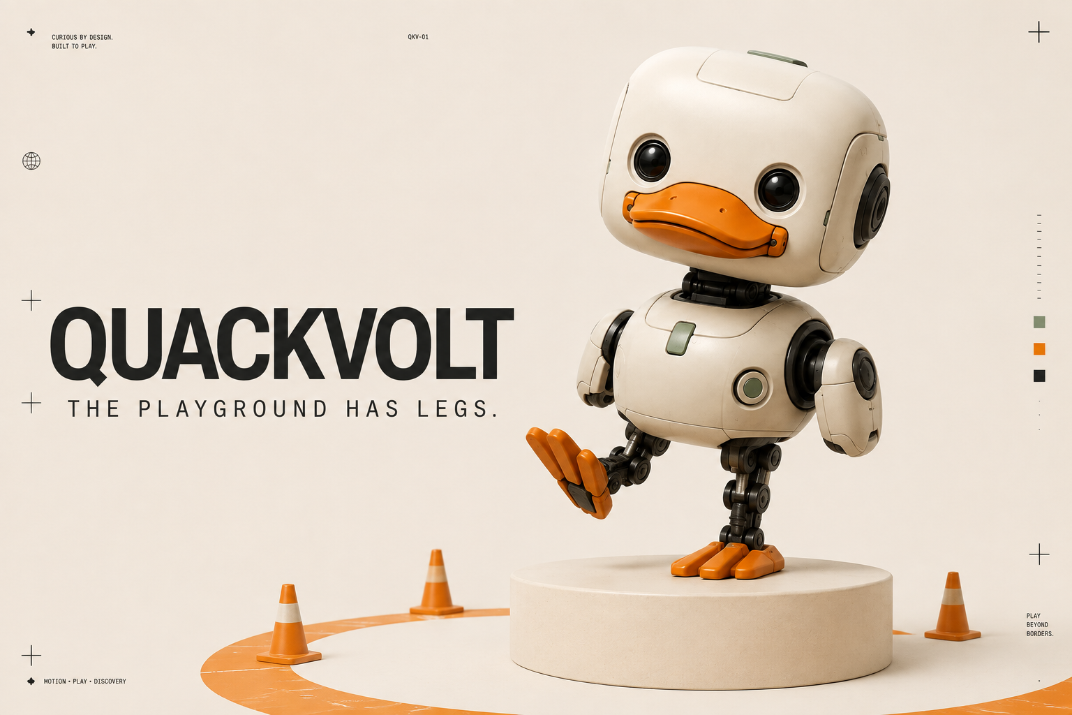 Quackvolt original mechanical duck: rounded ivory shell, black optical eyes and orange articulated feet
